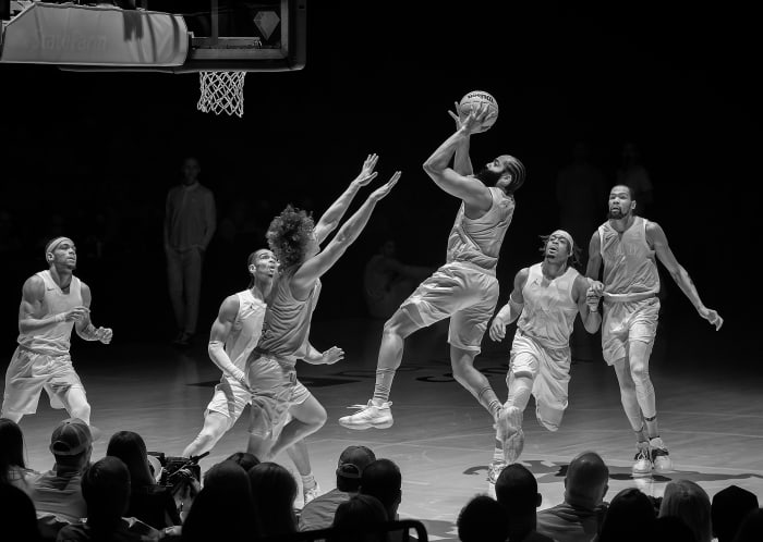 James Harden attempts a shot against the Thunder in a November game at Paycom Center in Oklahoma City.